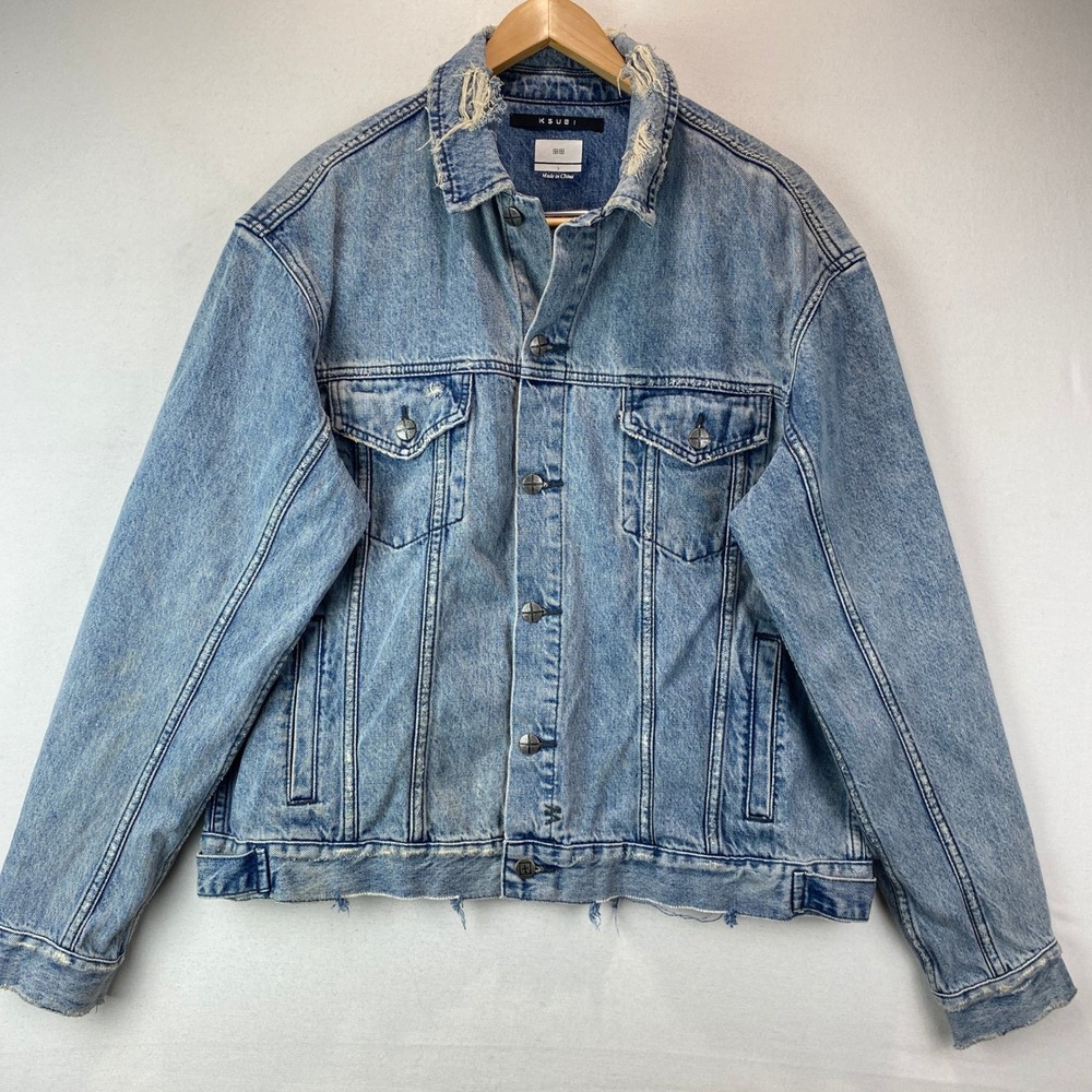 Ksubi Oh G Jacket Acid Trip Trash Mens Size S Light Blue Distressed Denim Jacket